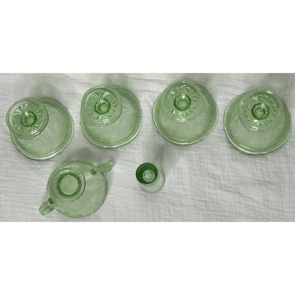 Vtg Uranium Jeanette Cherry Blossoms 4 Dessert Cups ~1 Shot Glass ~1 Sugar Bowl